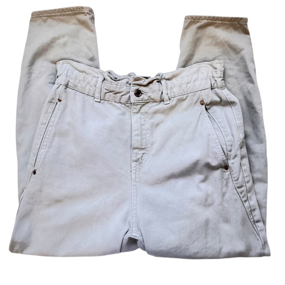 Zara High Rise Barrel Leg Paper Bag Waist Crop Jeans Ecru Color 4 Pockets Size 6 - Picture 6 of 11